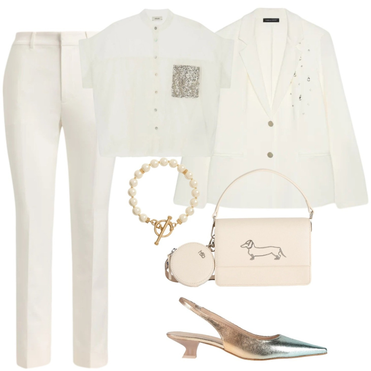 Outfit donna - Total White solstizio. Stile Romantica per Cerimonia. Abbinamento con décolleté, borse a tracolla, blazer, collane, pantaloni, camicie a manica corta.