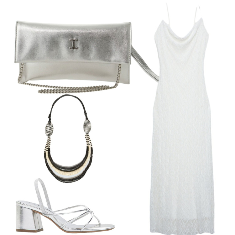 Outfit donna - Le ali ai piedi. Stile Chic per Serata fuori. Abbinamento con sandali col tacco, vestiti lunghi, borse a tracolla, collane.