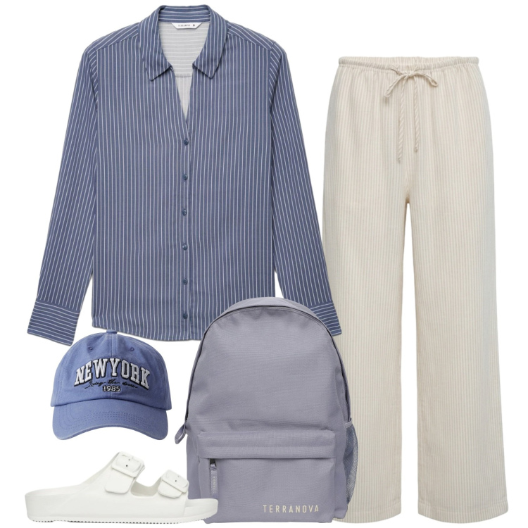 Outfit donna - Look rilassato. Stile Casual per Tutti i giorni. Abbinamento con cappelli, zaini, camicie, ciabatte, pantaloni.