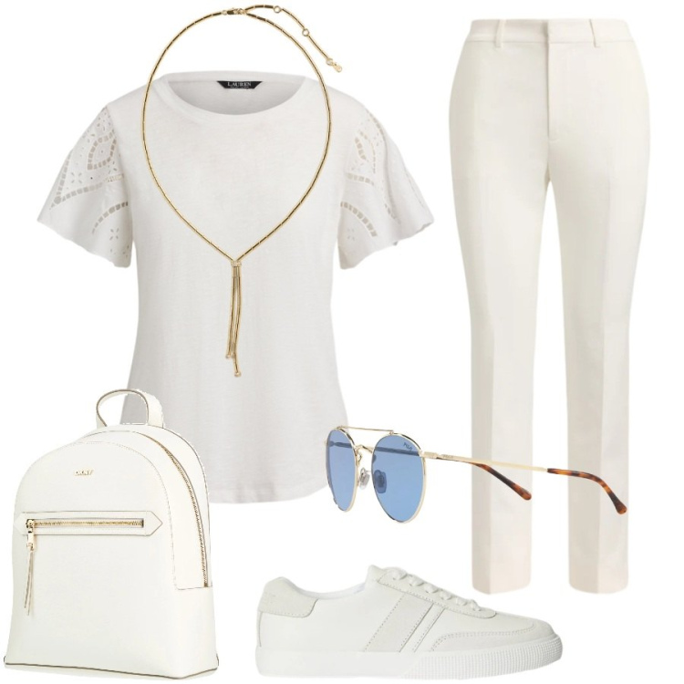 Outfit donna - Bianco in città. Stile Minimal per Tutti i giorni. Abbinamento con zaini, t-shirt, collane, sneakers, occhiali da sole, pantaloni.