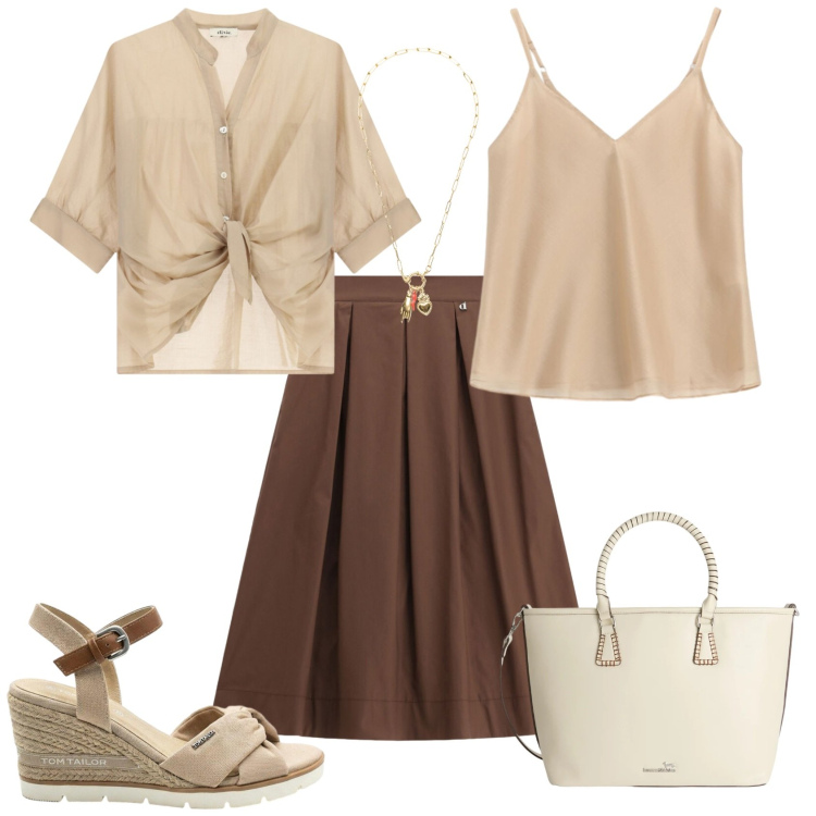 Outfit donna - Casual chic ogni giorno. Stile Casual chic per Tutti i giorni. Abbinamento con sandali col tacco, shopping bag, ciondoli, top, camicie, gonne longuette.