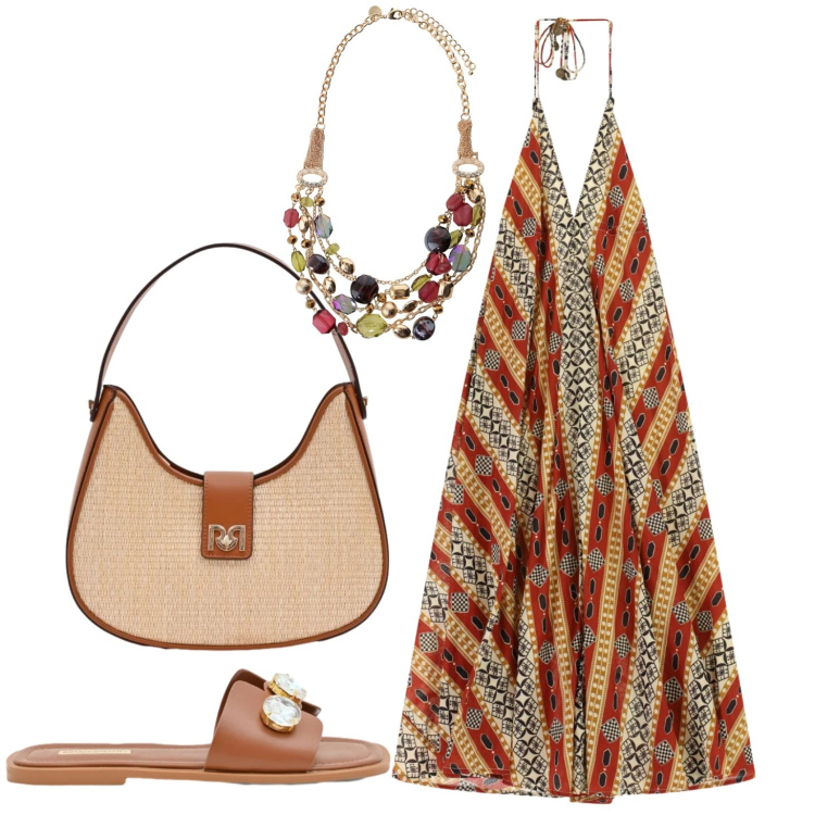 Outfit donna - Leggerezza. Stile Boho per Tutti i giorni. Abbinamento con borse a spalla, sandali gioiello, collane, vestiti lunghi.