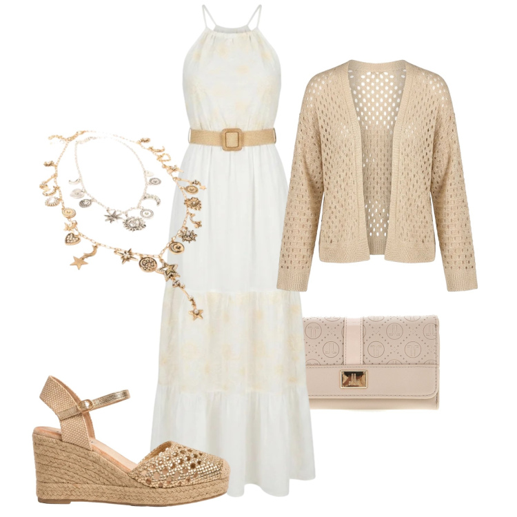 Outfit donna - Boho chic Summer Confidence. Stile Boho per Serata fuori. Abbinamento con vestiti lunghi, cardigans, espadrillas, ciondoli, portafogli.