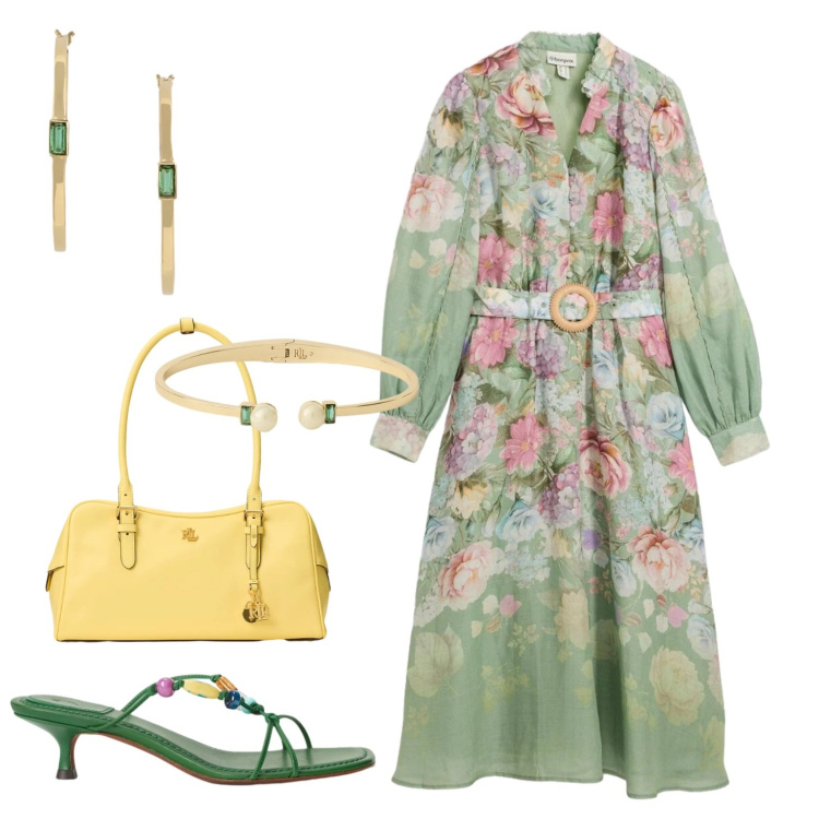 Outfit donna - Multicolore. Stile Romantica per Serata fuori. Abbinamento con vestiti midi/longuette, orecchini, sandali gioiello, braccialetti, borse a mano.