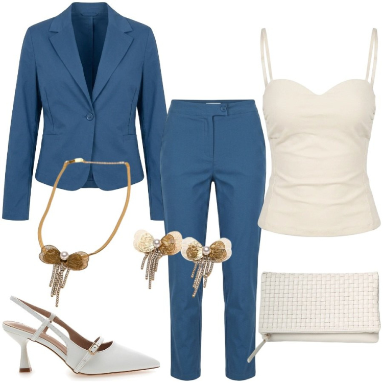 Outfit donna - Semplicemente elegante. Stile Chic per Cerimonia. Abbinamento con collane, clutch, top, pantaloni, blazer, décolleté.