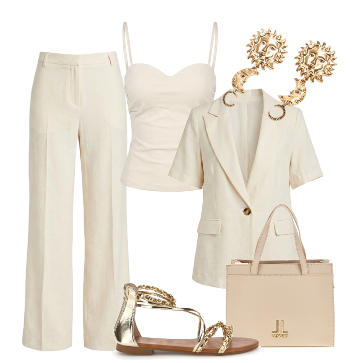 Outfit donna - Business Summer Look. Stile Glamour per Ufficio. Abbinamento con pantaloni, top, blazer, orecchini, borse a tracolla, sandali.