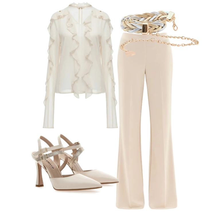 Outfit donna - Eleganza. Stile Chic per Cerimonia. Abbinamento con cinture, bluse, pantaloni a palazzo, décolleté.