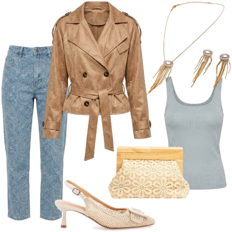 Outfit donna - Raffinata in città. Stile Chic per Tutti i giorni. Abbinamento con clutch, jeans, collane, canottiere, trench, scarpe col tacco.