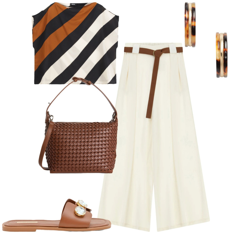 Outfit donna - Comoda senza rinunciare allo stile. Stile Urban per Tutti i giorni. Abbinamento con borse a spalla, sandali gioiello, orecchini, bluse, pantaloni a palazzo.