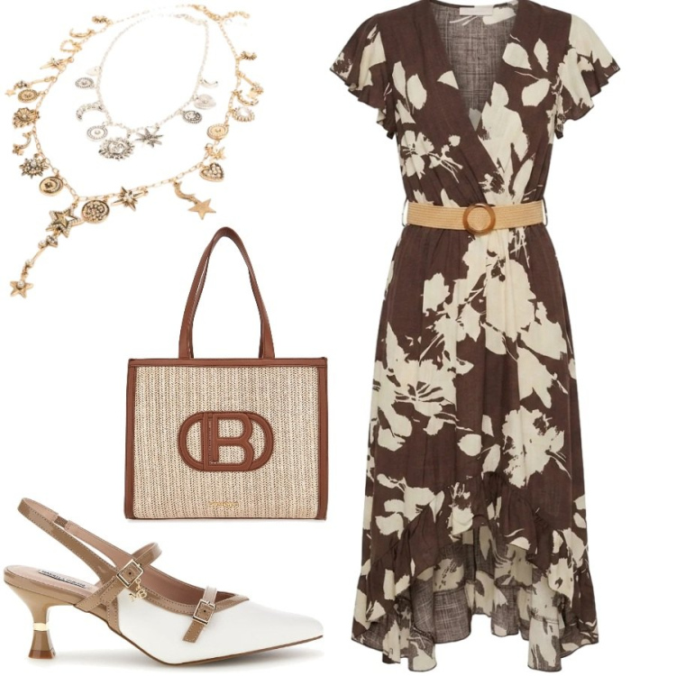 Outfit donna - Pomeriggio in città. Stile Chic per Tutti i giorni. Abbinamento con vestiti chemisier, ciondoli, borse a spalla, décolleté.