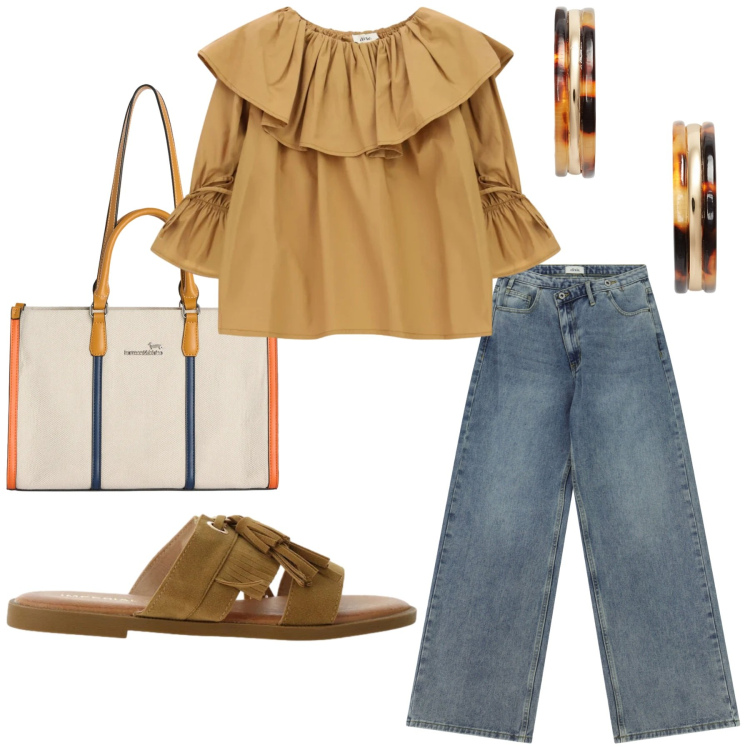 Outfit donna - Total look #2421706. Stile Casual chic per Tutti i giorni. Abbinamento con borse tote, sandali, orecchini, jeans, camicie.