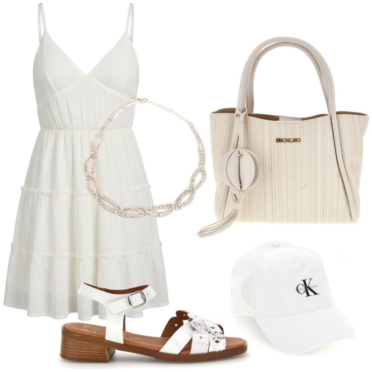Outfit donna - Oroscopo Il cancro - Maree emotive. Stile Glamour per Serata fuori. Abbinamento con vestiti corti, collane, sandali col tacco, borse a tracolla, cappelli con visiera.