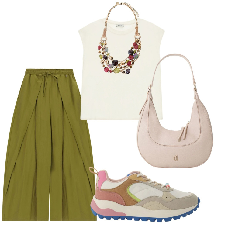 Outfit donna - Total look #2421708. Stile Basic per Tutti i giorni. Abbinamento con sneakers, borse a tracolla, collane, pantaloni a palazzo, top.