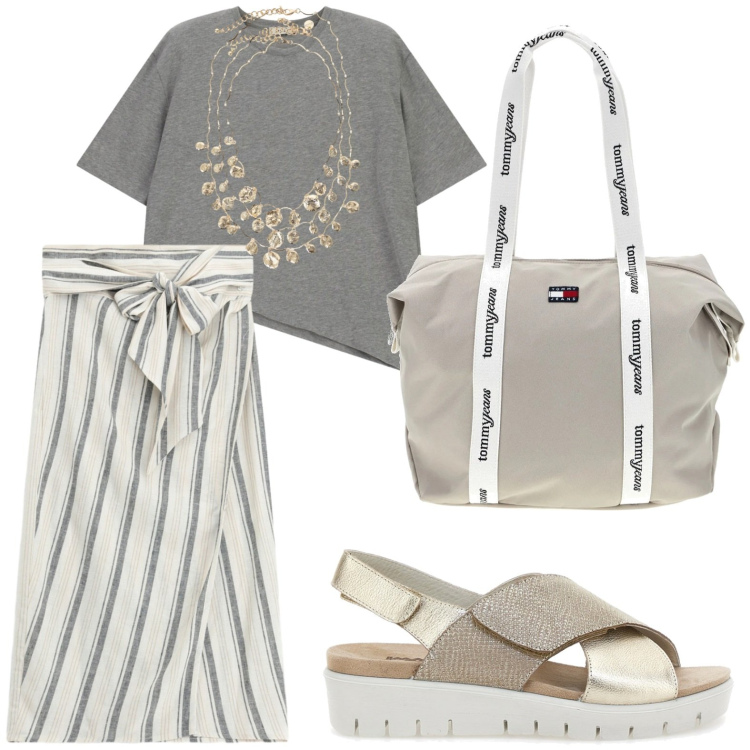 Outfit donna - Oroscopo Il cancro - Maree emotive. Stile Casual per Tutti i giorni. Abbinamento con gonne longuette, collane, t-shirt, sandali in pelle, shopping bag.