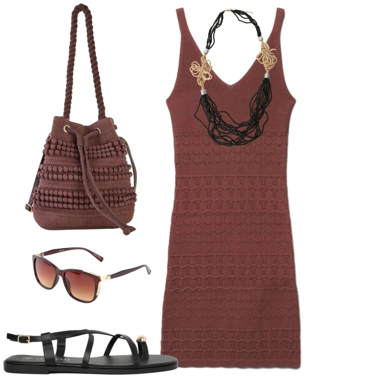 Outfit donna - Al mare. Stile Casual chic per Mare. Abbinamento con borse a secchiello, occhiali da sole, sandali, vestiti corti, collane.