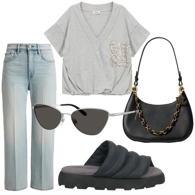 Outfit donna - Oroscopo Il cancro - Maree emotive. Stile Minimal per Tutti i giorni. Abbinamento con sandali col tacco, occhiali da sole, jeans dritti, borse a spalla, t-shirt.