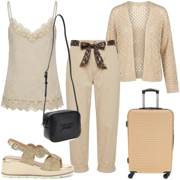 Outfit donna - In partenza. Stile Casual chic per Tutti i giorni. Abbinamento con canottiere, pantaloni, cardigans, sandali col tacco, borse a tracolla, valigie.