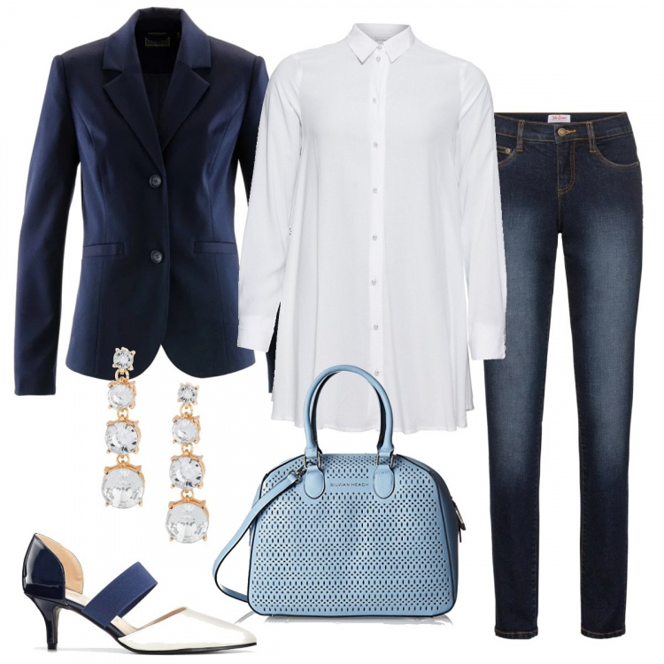 Outfit donna - Raffinata in giacca e jeans. Stile Urban per Tutti i giorni. Abbinamento con camicie, décolleté effetto vernice, blazer, pantaloni, orecchini, borsa a mano turchese e blu.