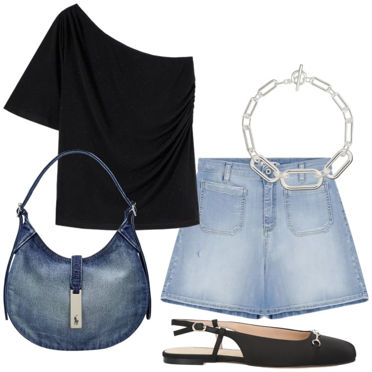 Outfit donna - Total look #2421720. Stile Minimal per Tutti i giorni. Abbinamento con ballerine, shorts, t-shirt, borse a spalla, collane.