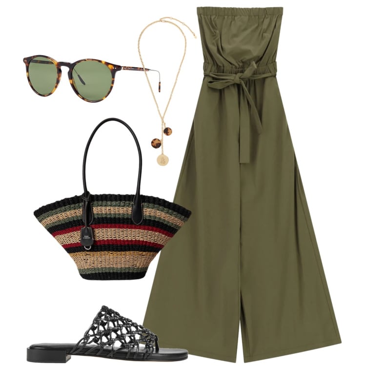Outfit donna - Fresca estate in città. Stile Trendy per Tutti i giorni. Abbinamento con ciabatte, tute, occhiali da sole, borse tote, collane.