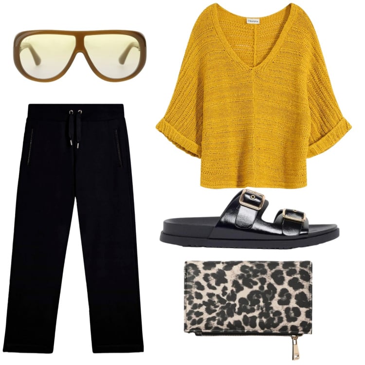 Outfit donna - Maglia solare. Stile Basic per Tutti i giorni. Abbinamento con bluse, sandali, portafogli, occhiali da sole, pantaloni.