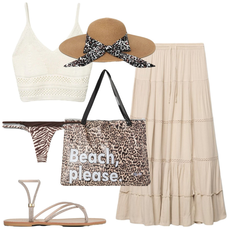 Outfit donna - Terranova. Stile Casual chic per Mare. Abbinamento con gonne lunghe, borse tote, cappelli, sandali, top, bikini.