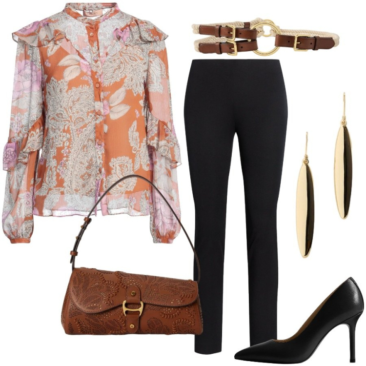 Outfit donna - Serata all\' aperto. Stile Etnico per Serata fuori. Abbinamento con camicie, pantaloni skinny, décolleté, cinture, borse a spalla, orecchini.