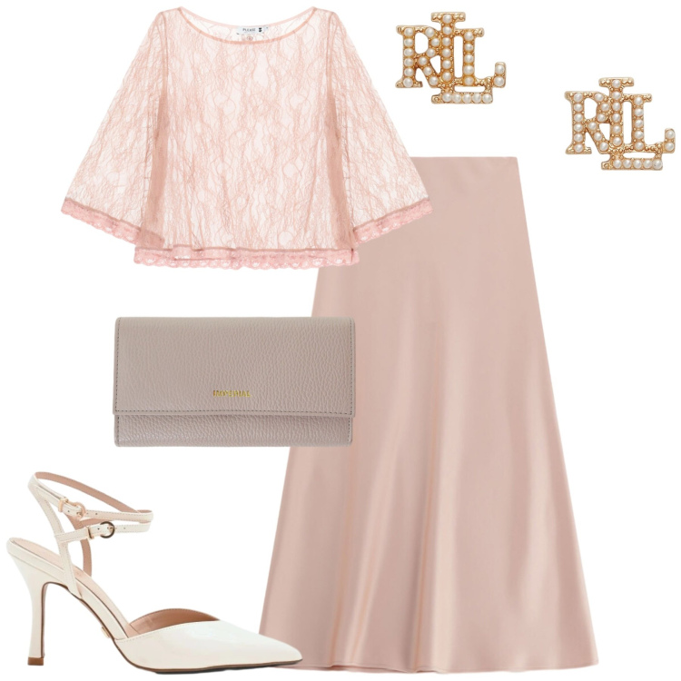 Outfit donna - Soft pink. Stile Chic per Serata fuori. Abbinamento con gonne lunghe, portafogli, top, décolleté, orecchini.