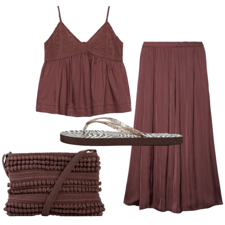 Outfit donna - Total look #2421731. Stile Boho per Tutti i giorni. Abbinamento con borse a tracolla, canottiere, gonne longuette, infradito.