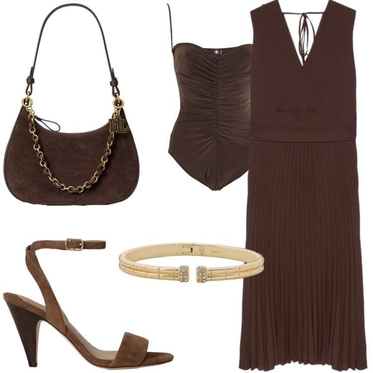 Outfit donna - Serata estiva. Stile Chic per Serata fuori. Abbinamento con body, vestiti midi/longuette, borse a spalla, braccialetti, sandali in pelle.