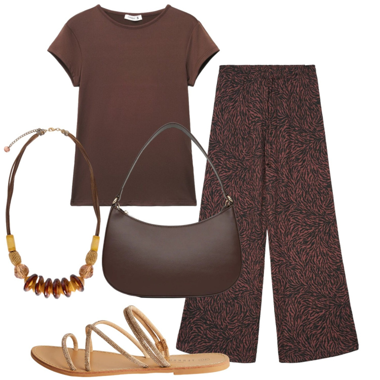 Outfit donna - Total look #2421734. Stile Etnico per Tutti i giorni. Abbinamento con pantaloni, t-shirt, sandali, borse a tracolla, collane.