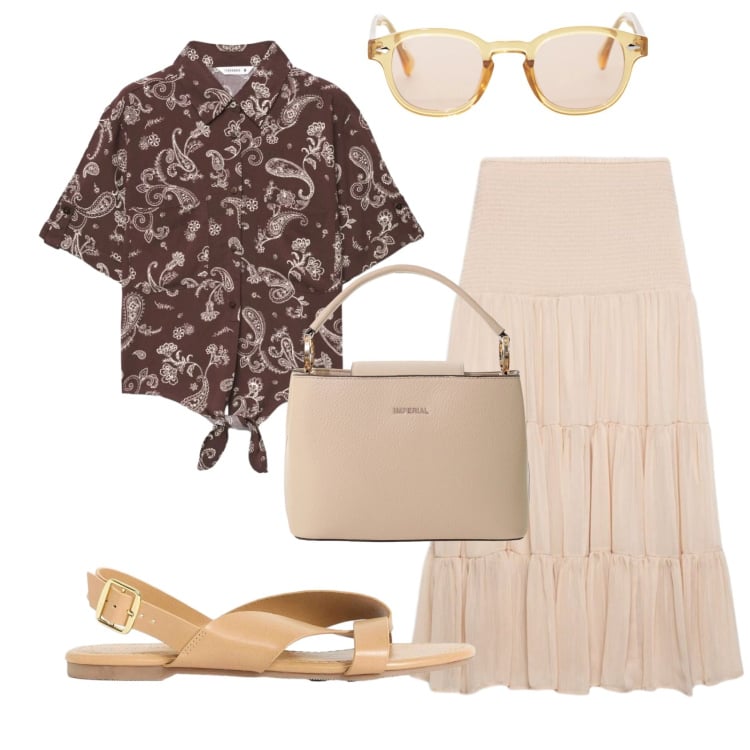 Outfit donna - Total look #2421740. Stile Boho per Tutti i giorni. Abbinamento con sandali, gonne lunghe, camicie a manica corta, occhiali da sole, borse a secchiello.