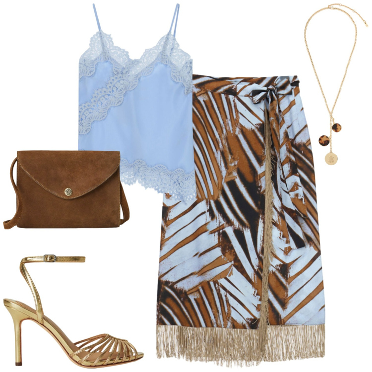 Outfit donna - Le serate al mare. Stile Chic per Mare. Abbinamento con borse a tracolla, sandali in pelle, collane, gonne lunghe, top.