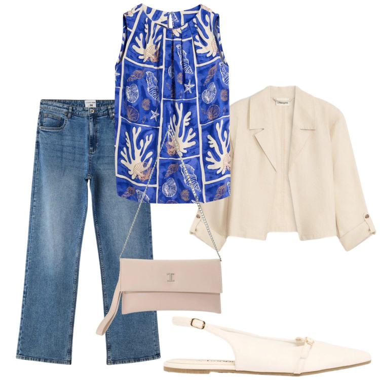 Outfit donna - Total look #2421743. Stile Casual chic per Ufficio. Abbinamento con canottiere, ballerine, blazer, jeans dritti, borse a tracolla.
