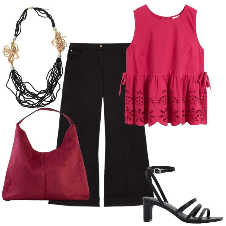 Outfit donna - Sandali in ufficio. Stile Casual chic per Ufficio. Abbinamento con canottiere, borse a spalla, sandali col tacco, pantaloni, collane.