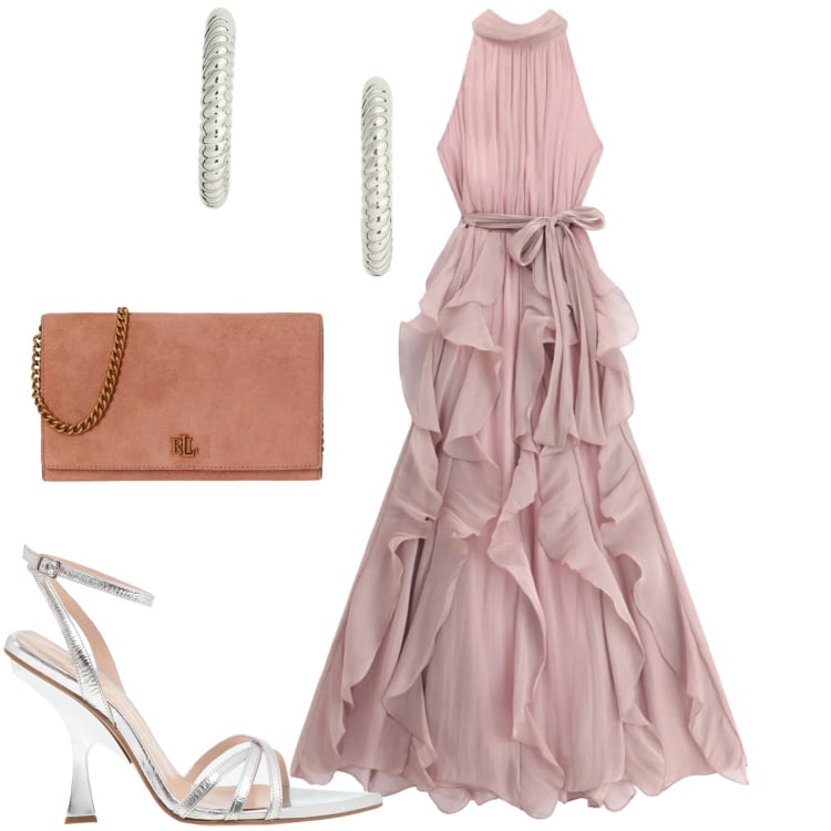 Outfit donna - Glamour. Stile Glamour per Cerimonia. Abbinamento con sandali in pelle, orecchini, borse a tracolla, vestiti lunghi.