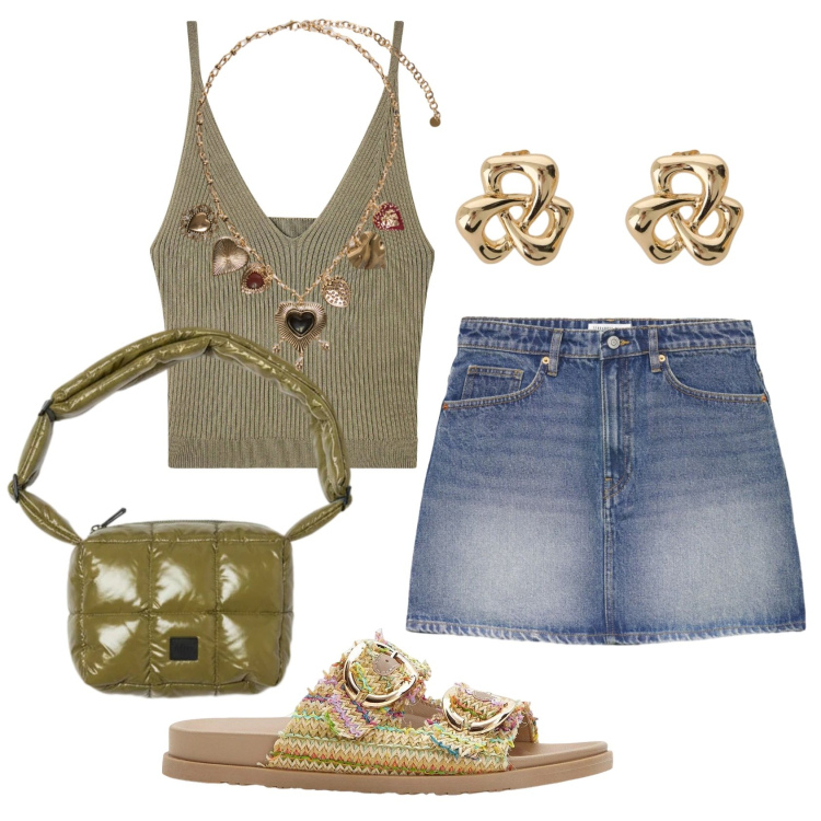 Outfit donna - Total look #2421750. Stile Basic per Tutti i giorni. Abbinamento con ciabatte, top, minigonne, collane, borse a spalla, orecchini.