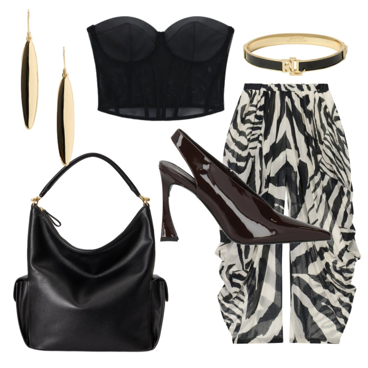 Outfit donna - Total look #2421754. Stile Trendy per Serata fuori. Abbinamento con décolleté, top, pantaloni, braccialetti, borse a spalla, orecchini.