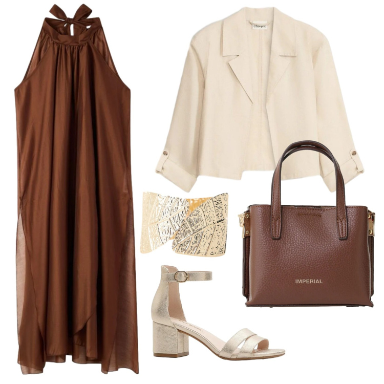 Outfit donna - Eleganza sofisticata. Stile Chic per Cerimonia. Abbinamento con blazer, sandali col tacco, vestiti lunghi, borse a tracolla, braccialetti.