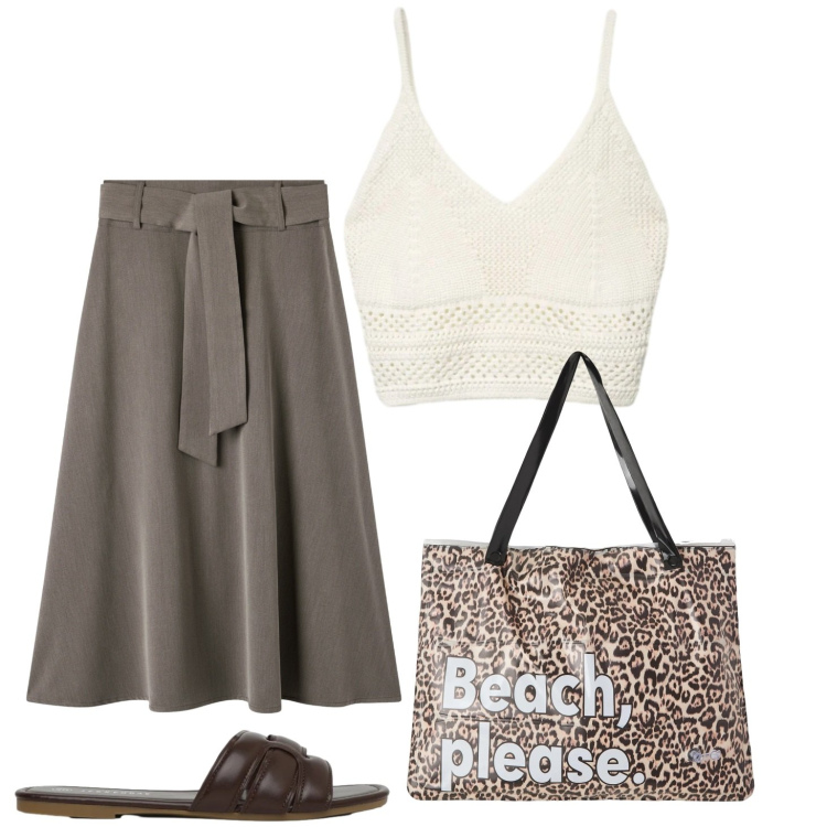 Outfit donna - Vacanze. Stile Boho per Tutti i giorni. Abbinamento con borse tote, gonne lunghe, top, ciabatte.