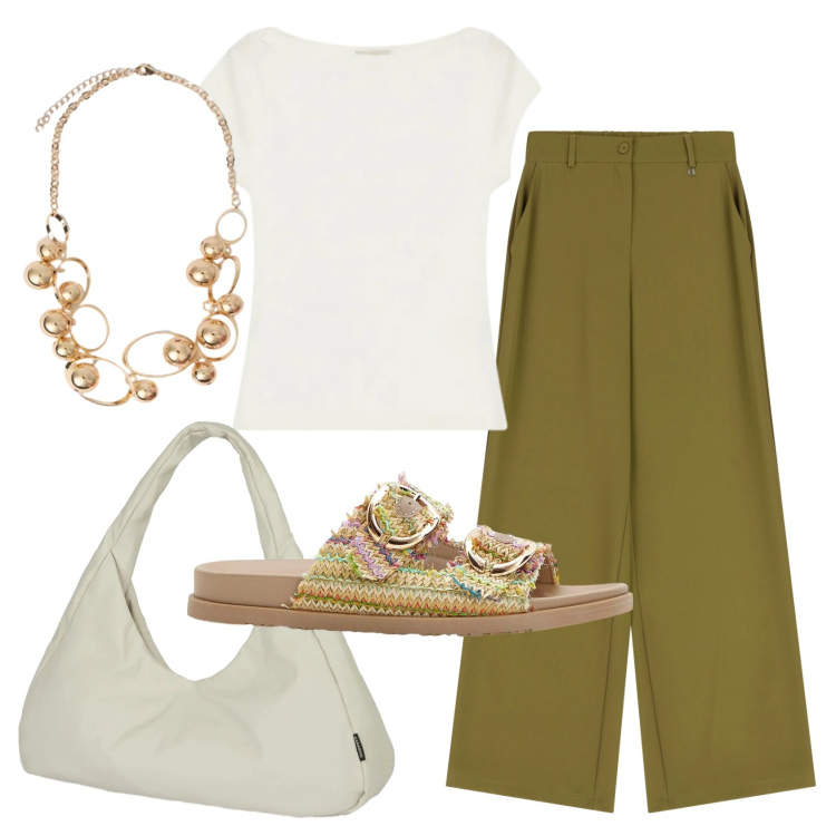 Outfit donna - Total look #2421762. Stile Casual chic per Ufficio. Abbinamento con ciabatte, collane, borse a spalla, pantaloni a palazzo, top.