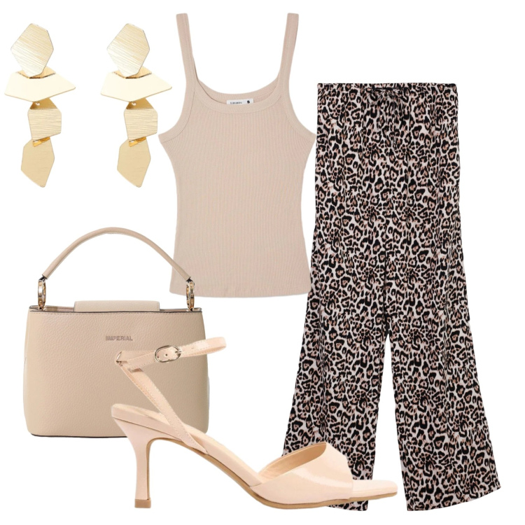 Outfit donna - Total look #2421764. Stile Trendy per Ufficio. Abbinamento con sandali col tacco, pantaloni, canottiere, borse a secchiello, orecchini.