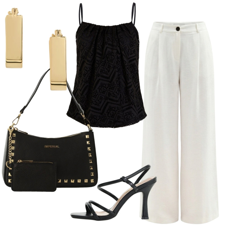 Outfit donna - Black & White. Stile Minimal per Serata fuori. Abbinamento con top, borse a spalla, sandali col tacco, pantaloni a palazzo, orecchini.