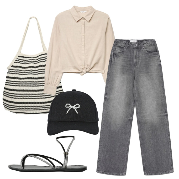 Outfit donna - Relax. Stile Boho per Tutti i giorni. Abbinamento con sandali, cappelli con visiera, jeans, camicie, shopping bag.