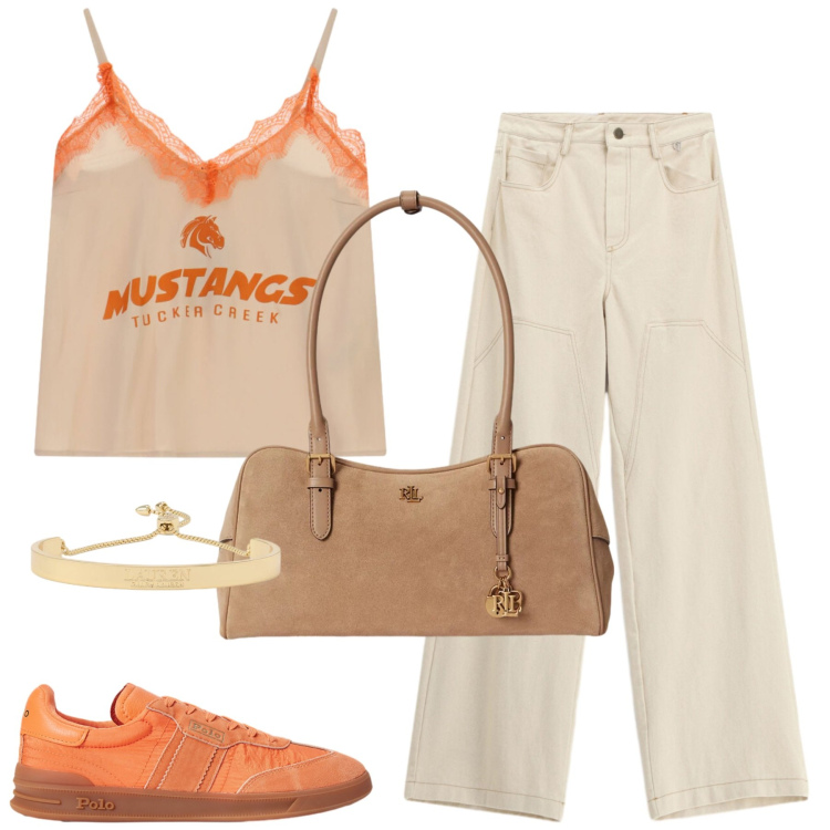 Outfit donna - City. Stile Casual per Tutti i giorni. Abbinamento con sneakers, borse a mano, braccialetti, top, pantaloni a palazzo.