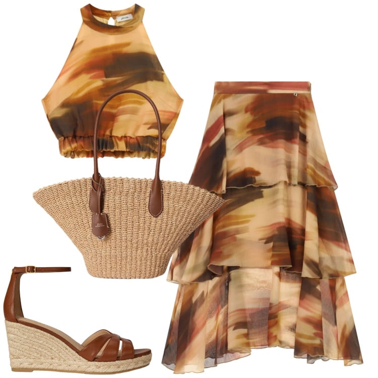 Outfit donna - Dixie. Stile Trendy per Tutti i giorni. Abbinamento con zeppe, borse tote, gonne lunghe, top.