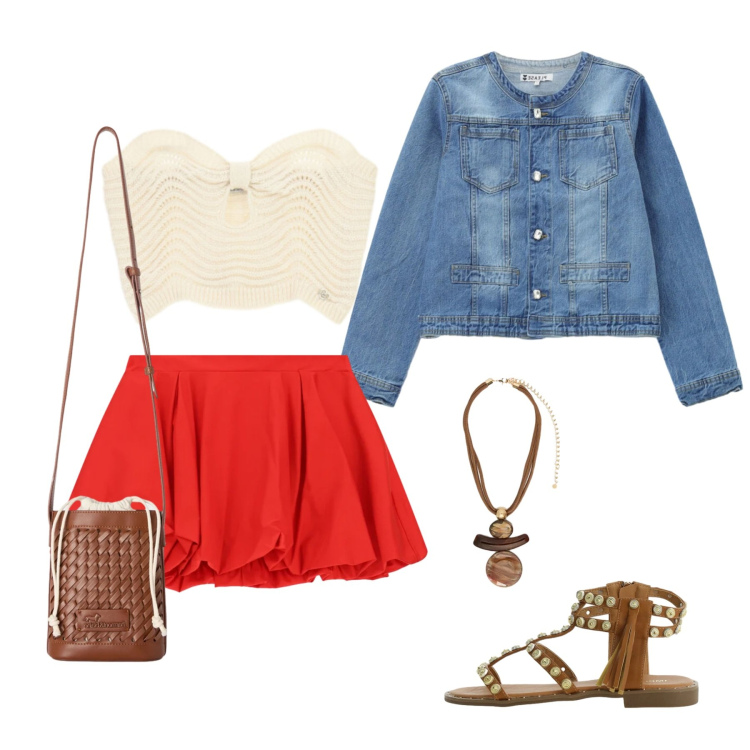 Outfit donna - Solstizio d\'estate. Stile Casual chic per Serata fuori. Abbinamento con borse a secchiello, minigonne, sandali, top, blazer, ciondoli.