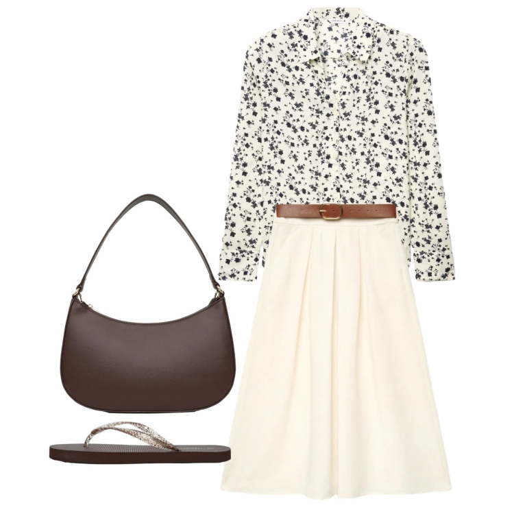 Outfit donna - Comfort e fascino. Stile Romantica per Tutti i giorni. Abbinamento con camicie, borse a tracolla, gonne lunghe, infradito.