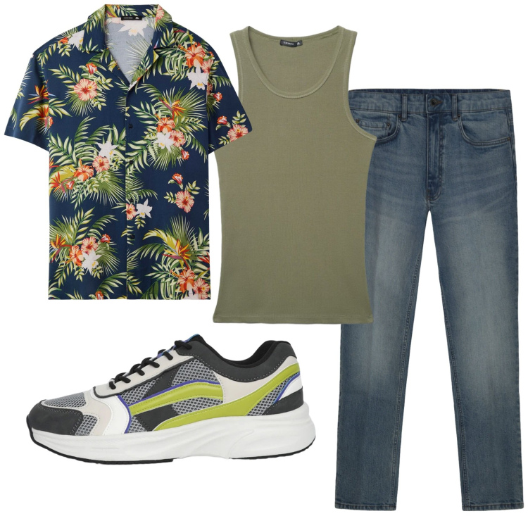 Outfit uomo - Total look #2421775. Stile Casual per Tutti i giorni. Abbinamento con camicie a manica corta, sneakers, canottiere, jeans.
