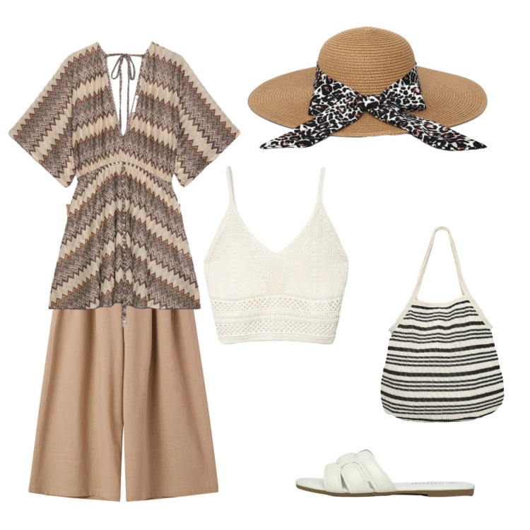 Outfit donna - L\' estate addosso. Stile Boho per Tutti i giorni. Abbinamento con ciabatte, caftani, pantaloni culotte, shopping bag, top, cappelli.